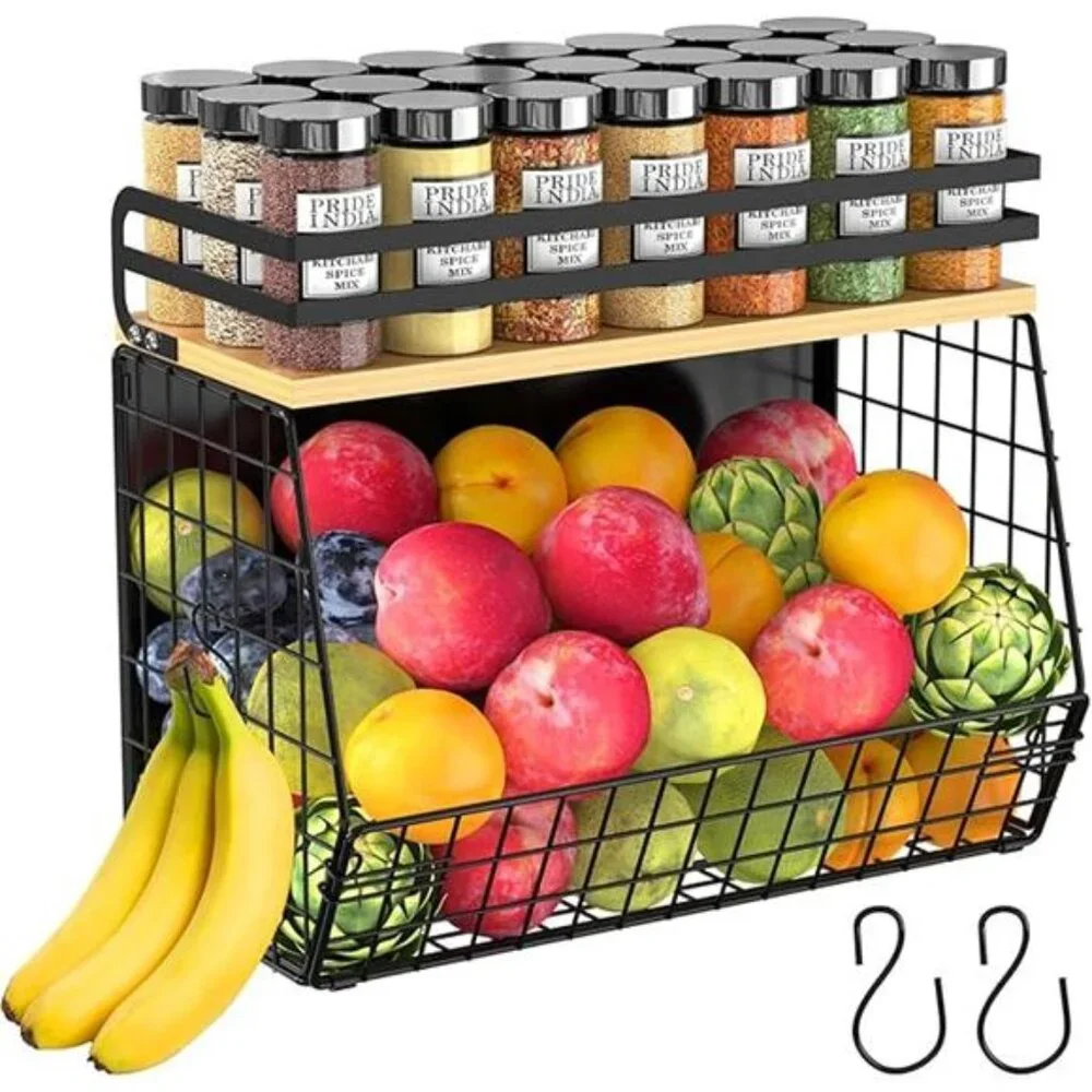 Magnetic Shelf for Fridge with Wood Lid, Fruit Potato & Onion Storage Bins,